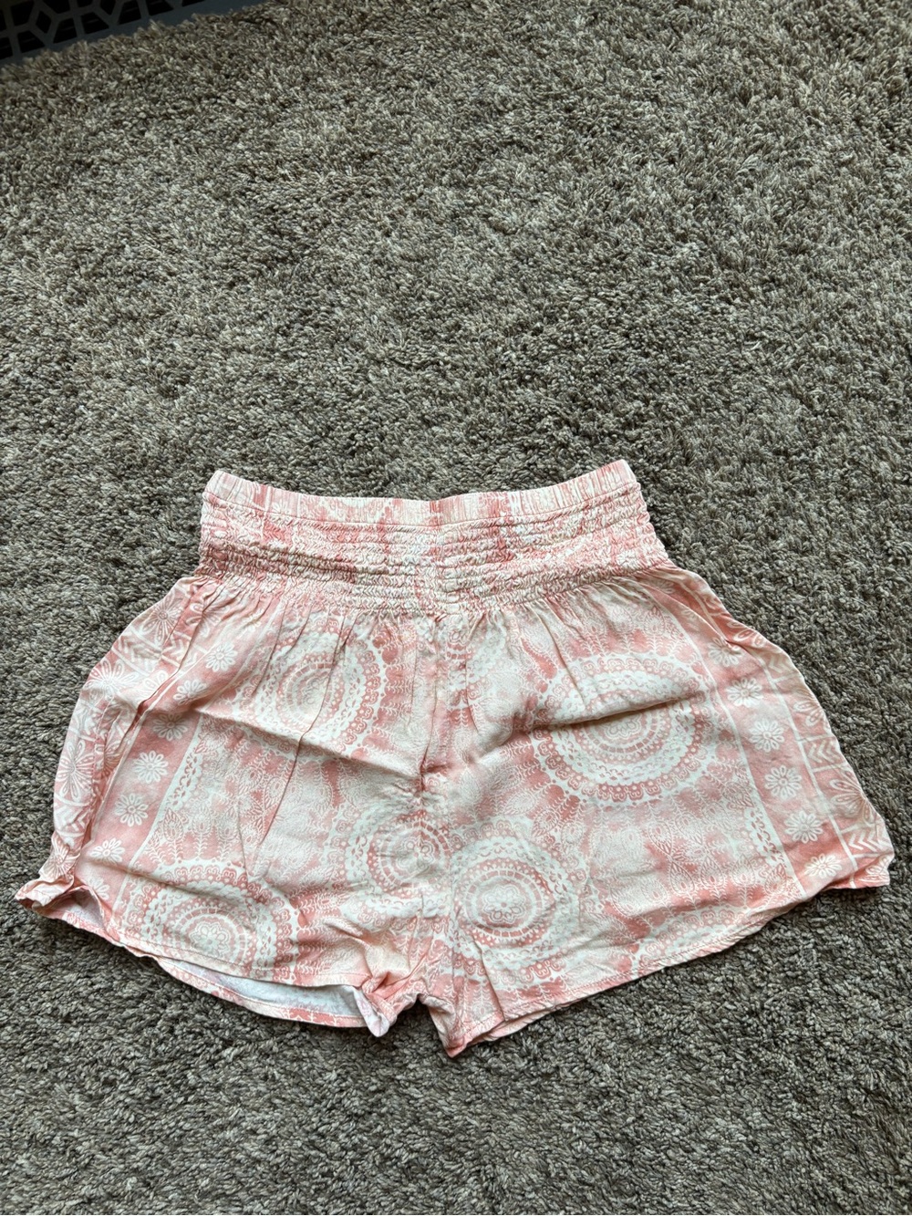 Women’s Pink Patterned Boho Smocked-Waist Shorts